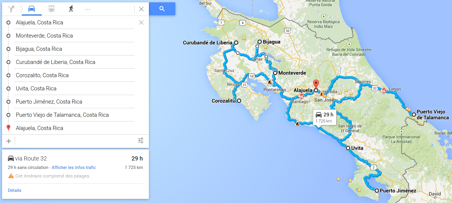 Itinéraire au Costa Rica